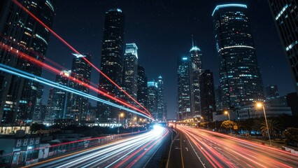 Nighttime cityscape of Houston features skyscrapers, bright lights, and traffic trails reflecting urban energy and diversity