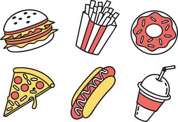 colorful illustration of six different types of fast food items. The items depicted include a hamburger, French fries, a donut, a pizza slice, a hot dog, and a milkshake. Each item is stylized with bo