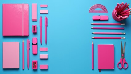 Obraz premium Flat lay of pink stationery items including notebooks, pens, pencils, and scissors on blue background Creative workspace inspiration
