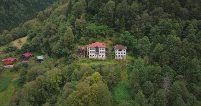 The historical mansion, located in the lush green nature of the Black Sea, offers an atmosphere intertwined with nature. The drone footage revolves around the mansion, revealing its natural beauties.