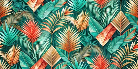 A vibrant tropical foliage pattern with overlapping green, orange, and red palm leaves and fronds creating a dense jungle backdrop.
