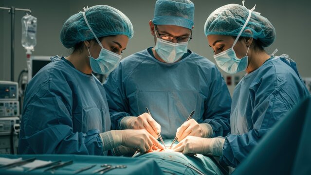 Caucasian surgeon performing surgery with Black nurse and Hispanic nurse in hospital operating room Highlights teamwork and healthcare diversity