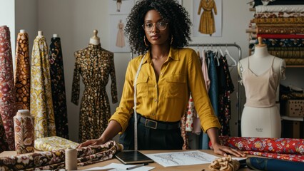 African American woman fashion designer in a studio surrounded by fabrics and sketches, emphasizing creativity and diversity in fashion