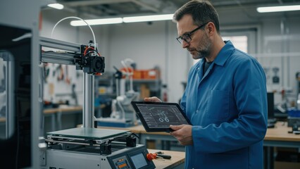 Caucasian engineer using tablet in industrial workshop with 3D printer showcasing innovation and technology