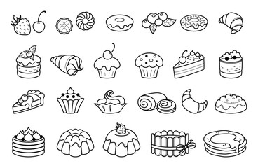 Sweet bakery products, pastries, cakes and desserts icon set. Fresh and natural rolls, donuts, croissants, cakes, muffins. Design elements web site, bakery, shop, cafe. Isolated line logos