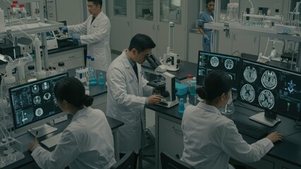 Asian male and female scientists work in a laboratory analyzing medical images Concept of diversity and teamwork in STEM