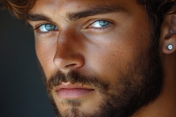 Obraz premium Young man with striking blue eyes and beard gazes intensely in natural light setting