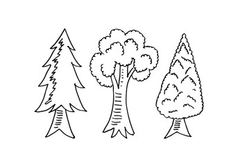 Different trees doodle cartoon black outline vector on a white background.