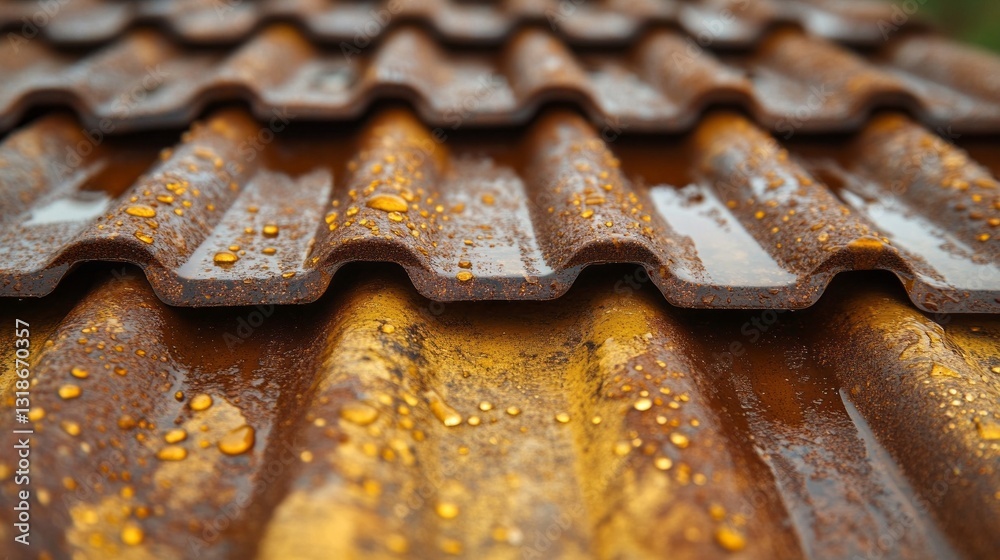 Poster beads of water cling to the uneven surface of a corrugated roof after a gentle rainfall, reflecting 