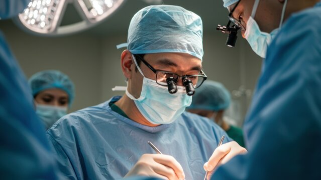 Asian male surgeon in operating room performing surgery with medical team using surgical instruments Emphasizes healthcare teamwork