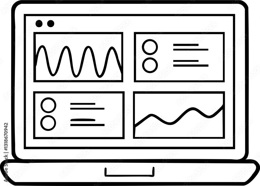 Poster a minimalist illustration of a laptop displaying various graphs and data visualizations, suggesting 