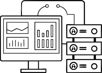 A simplified illustration of a computer monitor displaying analytics and data alongside server storage, emphasizing technology and data management.