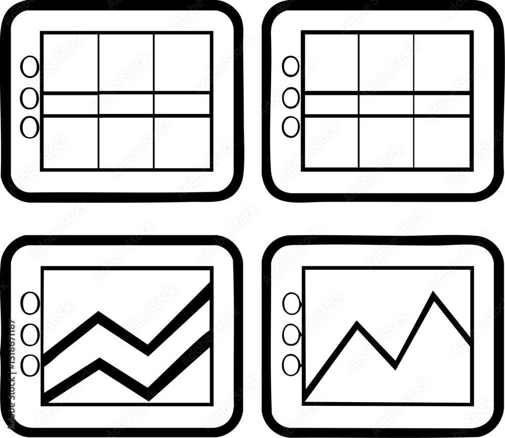 Poster a collection of simple, monochrome graphs and charts displayed on tablet-like screens, illustrating 