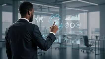 African American businessman interacts with digital data metrics in modern business office highlighting technology and analytics