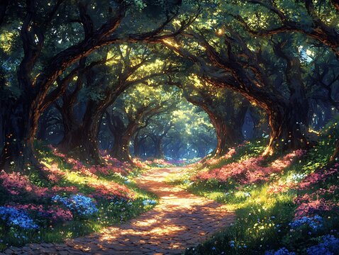 A concept art for a mythical forest realm, where ancient trees intertwine with magical flora, and mythical creatures roam freely. The artwork transports the viewer to a realm of fantasy and 