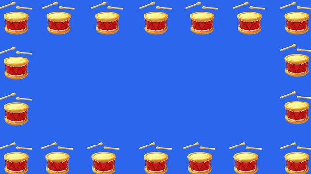 Drums 3d animation frame design on blue screen.