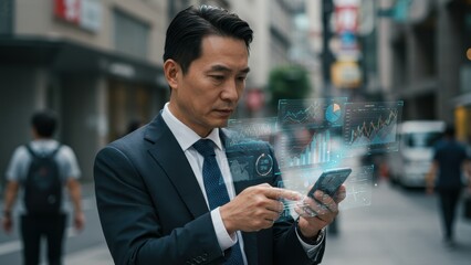 Asian businessman using smartphone in urban Tokyo, analyzing financial data with digital interface Concepts include technology and business