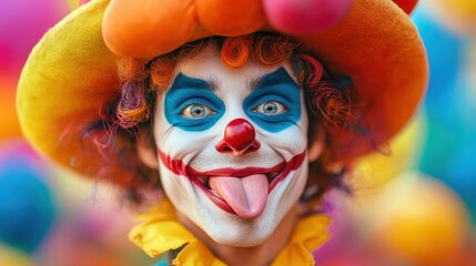Colorful clown with playful expression, vibrant background, fun and festive atmosphere.