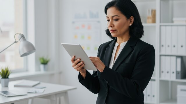 Middle aged Asian woman in business attire using tablet in modern office Focused on career growth and productivity