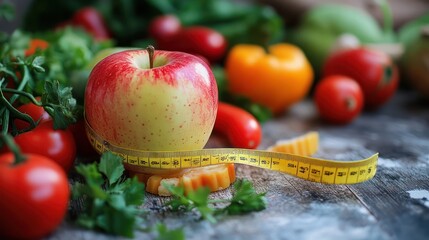 Apple with glp-1 tape measure, surrounded by vegetables, symbolizing weight loss and healthy eating.