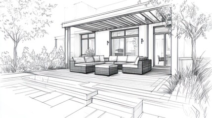 Architectural sketch of a home deck addition, featuring outdoor seating and detailed design elements.
