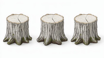 Three Tree Stumps with Distinct Rings and Textures Against a White Background