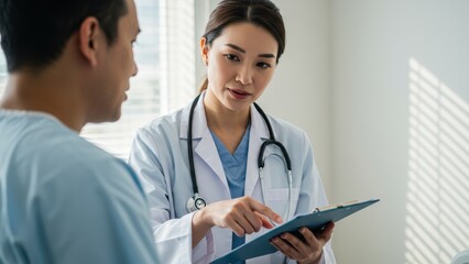 Fototapeta premium Asian female doctor consults Hispanic male patient in hospital room discussing treatment plan emphasizing healthcare