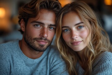 Fototapeta premium Young couple with beautiful smiles enjoying each other's company in a cozy setting