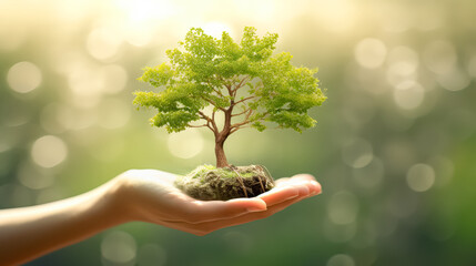 Hand holding a small tree with dirt around it. The tree is surrounded by a blurry background