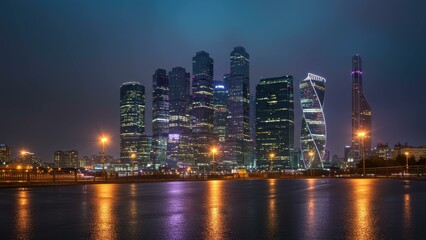 Fototapeta premium Modern skyscrapers illuminated at night in Moscow, reflecting on water City skyline represents urban life and business