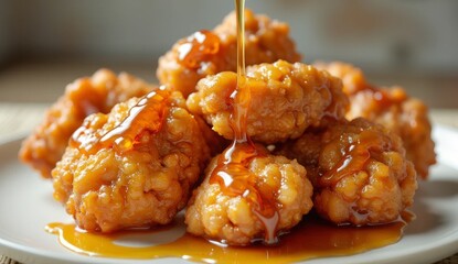 Crispy golden fried chicken pieces are enhanced with a drizzle of sweet honey, served hot and fresh on a plate, creating a delightful dish perfect for savoring delicious homemade meals