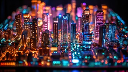 Vibrant miniature cityscape at night illuminated by colorful lights showcasing urban life