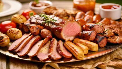 Barbecue mixed platter with an assortment of well-cooked meats