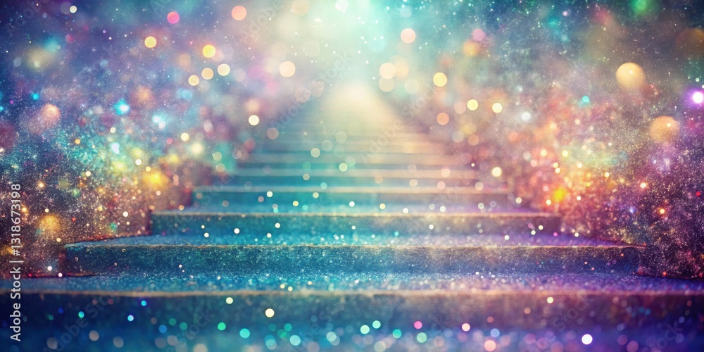 Poster a sparkling staircase leading towards a magical, ethereal background, adorned with vibrant bokeh lig