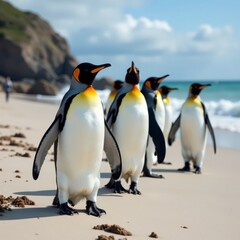 Obraz premium King penguins march across sandy shores of St Andrews Bay, rocky shore, beach