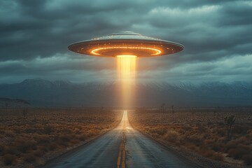 Mysterious UFO descends on a deserted road under cloudy skies