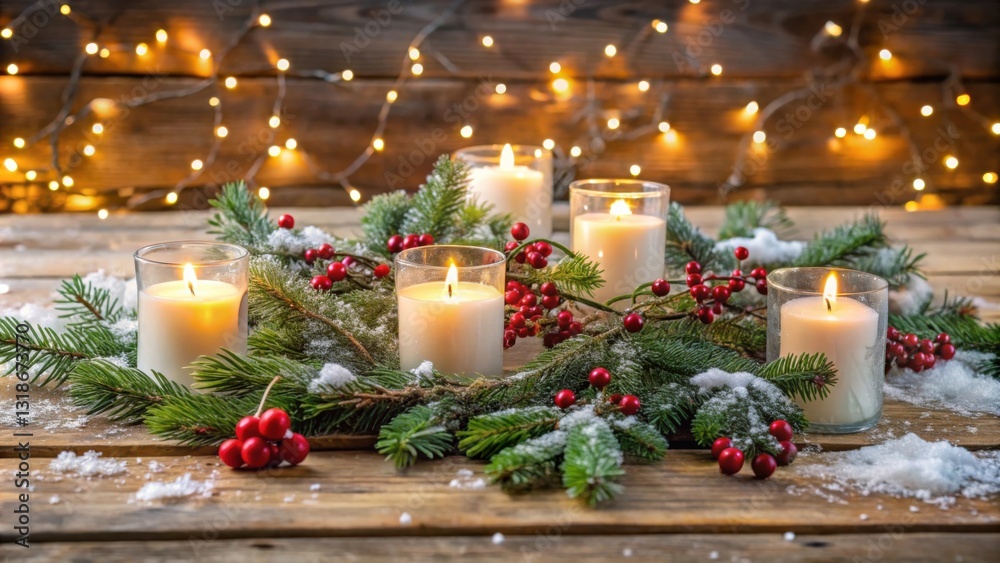 Poster a festive arrangement of burning candles surrounded by snowy pine branches and red berries on a rust
