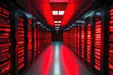 Fototapeta premium Advanced server room with illuminated red lighting and rows of equipment in a modern data center