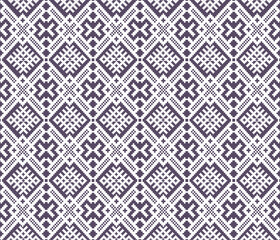 Pixel fabric pattern. Traditional culture. Ethnic style. White pattern. Purple tone background. For textile, cloth, curtain, carpet, pillow, ornament. Vector illustration.