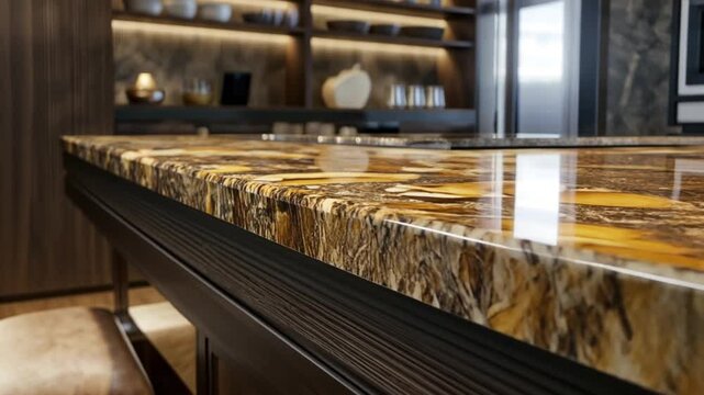 Luxurious granite countertop with polished golden hues and intricate patterns
