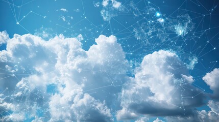 Digital clouds and data overlays set against a sky background, illustrating the advanced capabilities of AI in weather prediction and climate modeling.