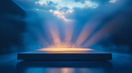 A stage illuminated by beams of light against a cloudy sky