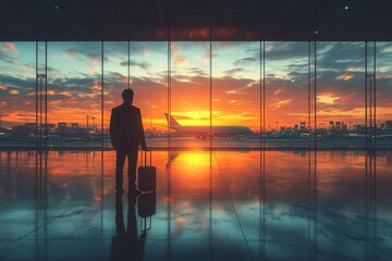 Silhouette of a traveler at airport during sunset with reflections on the floor