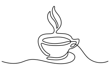 Continuous one line drawing cup of hot coffee graphic design. Single line art illustration white background, Cup of Tea Continuous Line Icon.