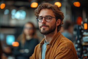 Obraz premium Young man with glasses and beard poses confidently in a cozy cafe setting