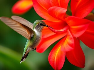 Naklejka premium Stunning Hummingbird Feeding on Red Flower, Macro Photography, Nature's Beauty.
