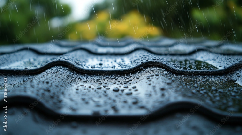Poster Water droplets cascade down a wave-patterned roof, creating a mesmerizing display of movement. The lush greenery in the background reveals nature's beauty while contributing to a serene ambiance