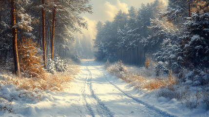 the serene beauty of a snowy winter forest path bathed in warm sunlight, creating a breathtakingly peaceful landscape.
