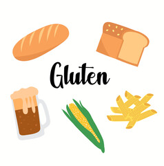 Illustration of products that are related to gluten on a white background.