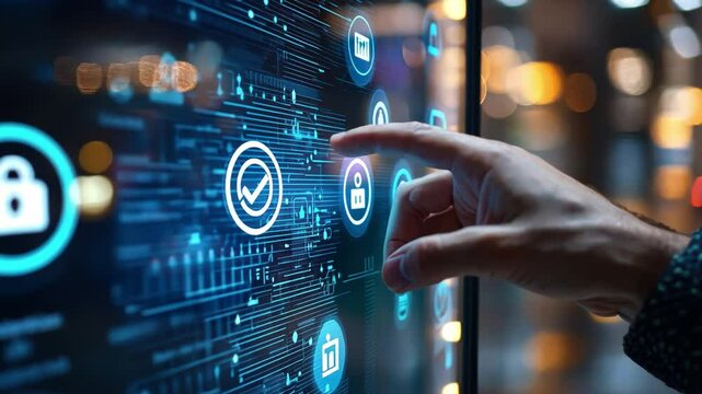 A sleek digital lock being operated by a human hand, vibrant security icons glowing around it.